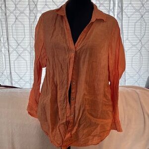 Sigrid Olsen Vibrant Orange 100% Linen Top button down Size 1X Great